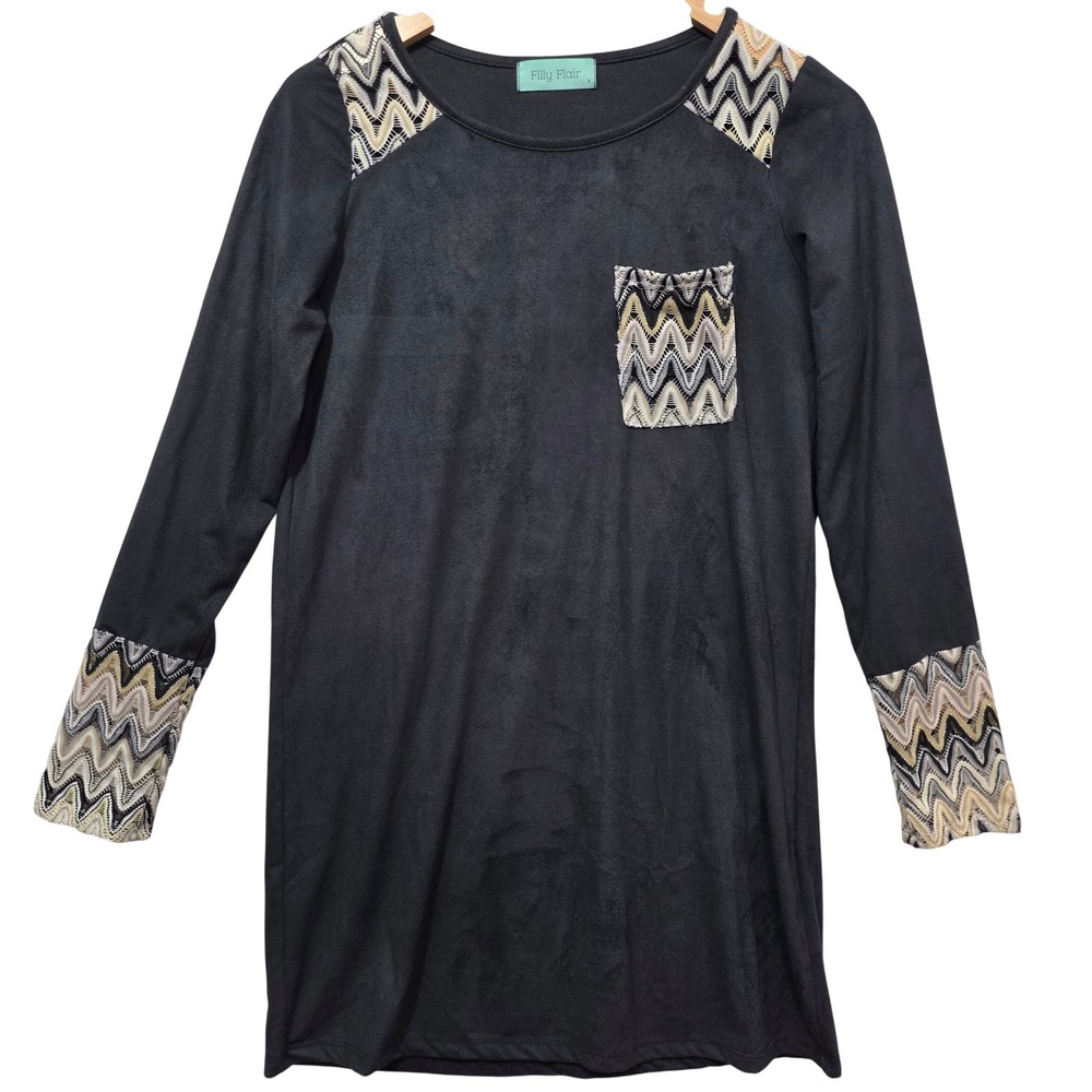 Filly Flair Womens Faux Suede Chevron Crochet Tunic Top Black AD40899 Small